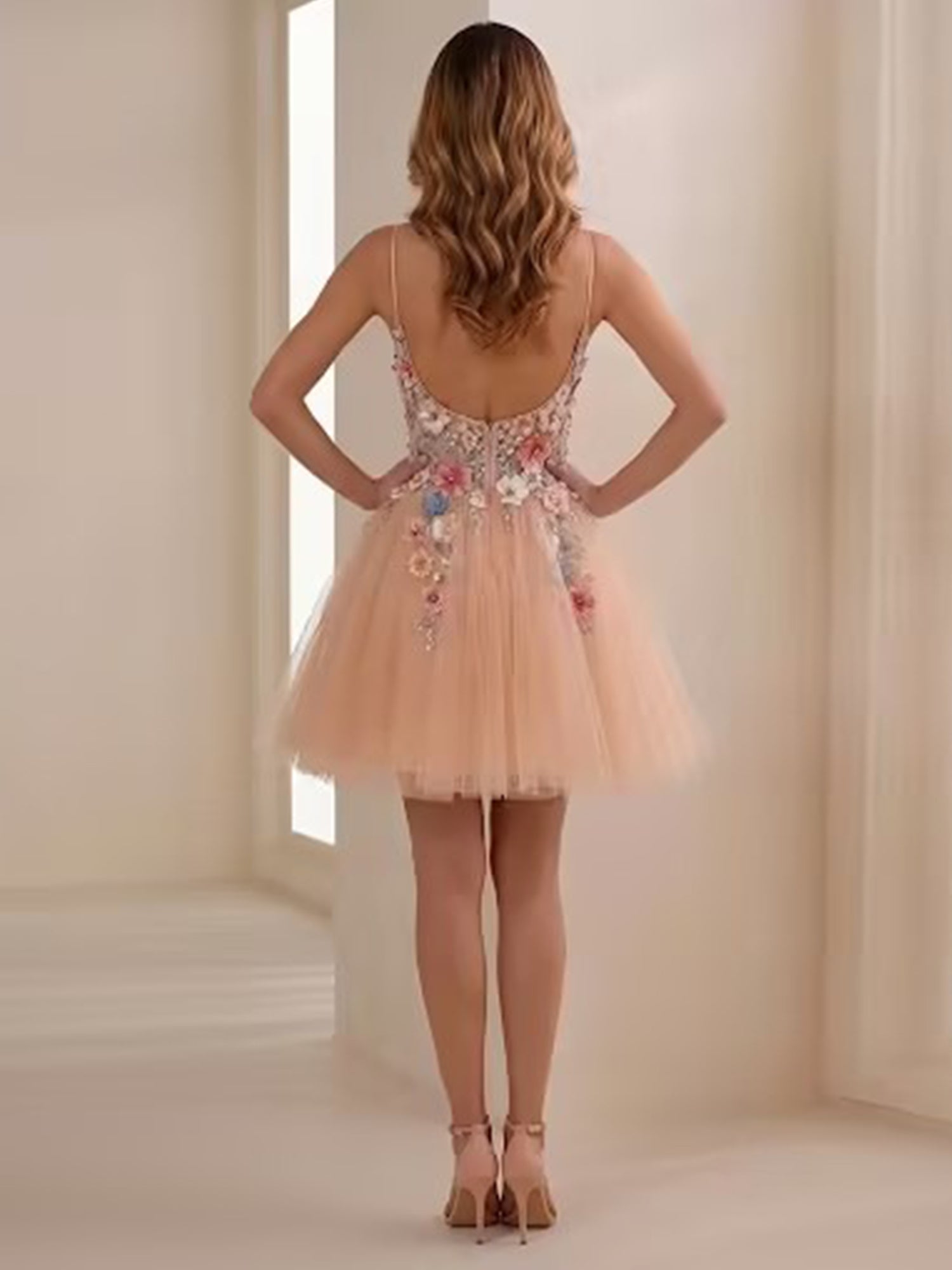 Whimsical Peach 3D Floral Appliqué Tulle Short Homecoming Dress