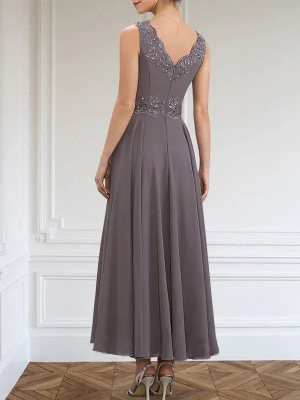Robe de mère de la mariée trapèze en mousseline de soie, col en V, longueur cheville, avec appliques à paillettes et perles en dentelle 
