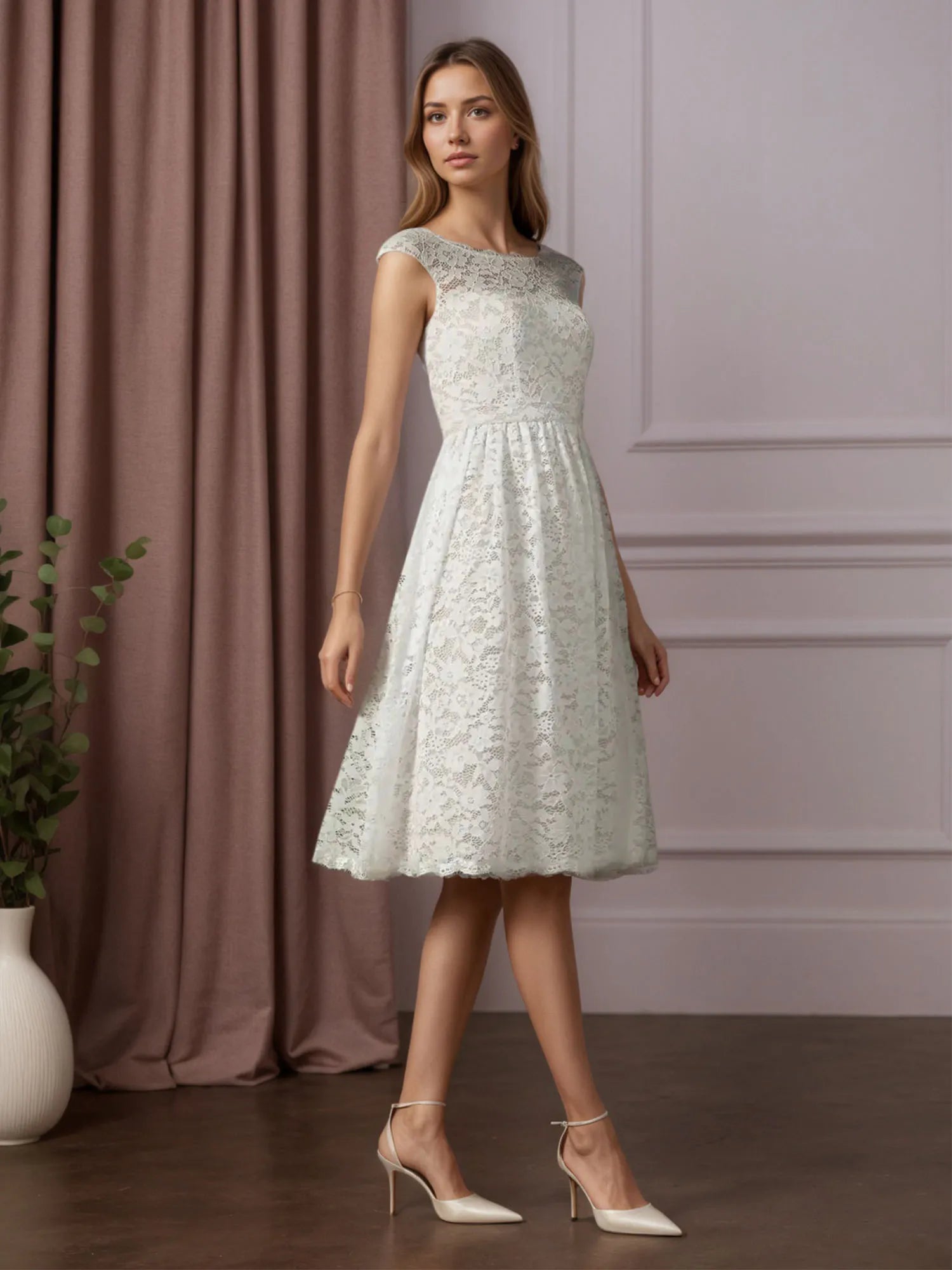 White A-Line Knee-Length Lace Wedding Dress