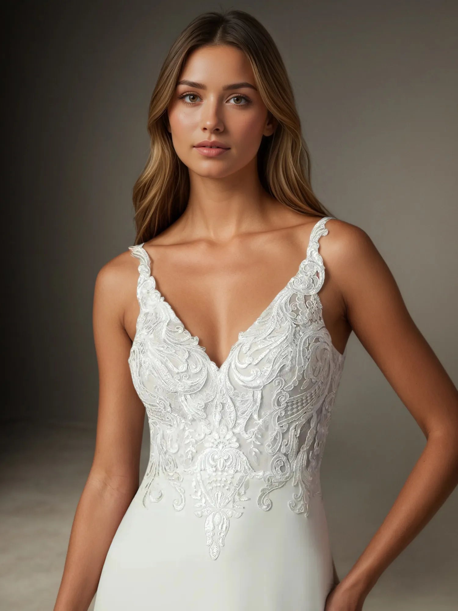 White A-Line V-Neck Sequins Stretch Crepe  Stretch crepe Lace Wedding Dress