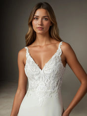 White A-Line V-Neck Sequins Stretch Crepe  Stretch crepe Lace Wedding Dress