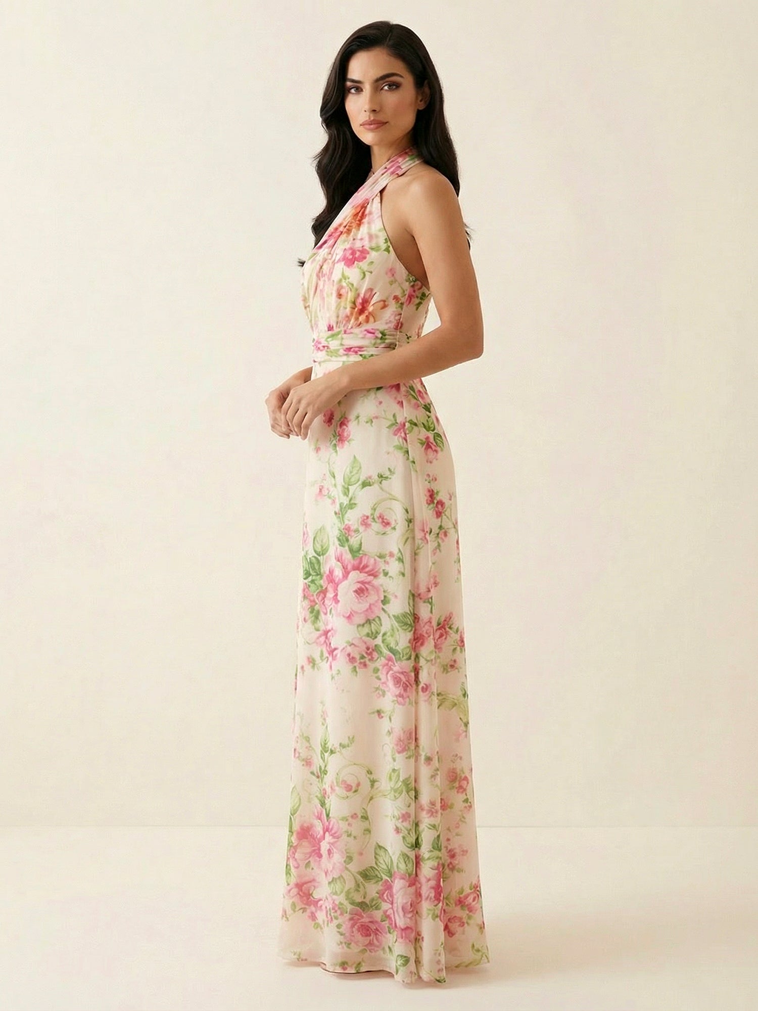 Pink Floral Print Halter Neck A-Line Maxi Dress
