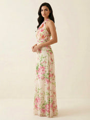 Pink Floral Print Halter Neck A-Line Maxi Dress