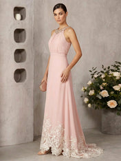 Pink Beaded Ruched Chiffon Halter Sleeveless A-Line Gown Maxi Dress