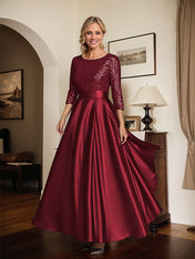 Sparkly Navy Scoop Neck Satin Mother of the Bride Dress with Sequins