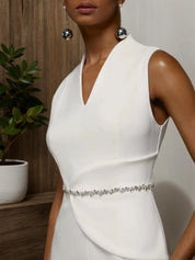 White V Neck Sleeveless Rhinestone A-Line Midi Dress