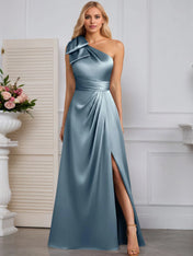 A-Line One Shoulder Stretch Satin Mother Of The Bride Dress With Bow