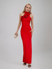 Red Floral Ruched Halter Maxi Dress