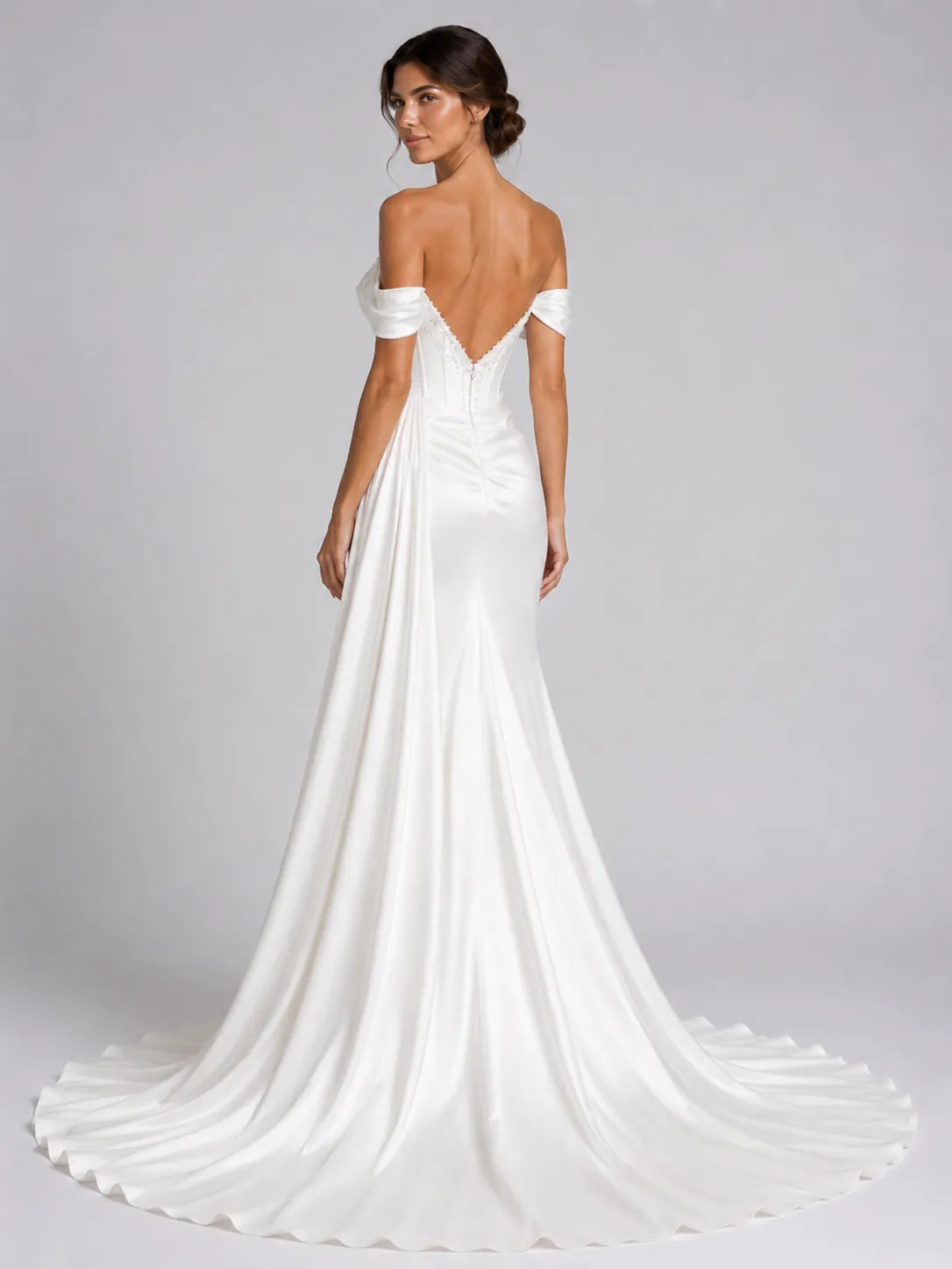 Elegant Off-Shoulder Satin Wedding Dress with Sweetheart Neckline, Side Slit and Chapel Train