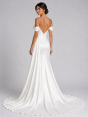 Elegant Off-Shoulder Satin Wedding Dress with Sweetheart Neckline, Side Slit and Chapel Train
