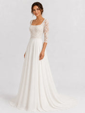 Elegant Square-Neck Lace A-Line Wedding Dress with 3/4 Sleeves and Low Scoop Back