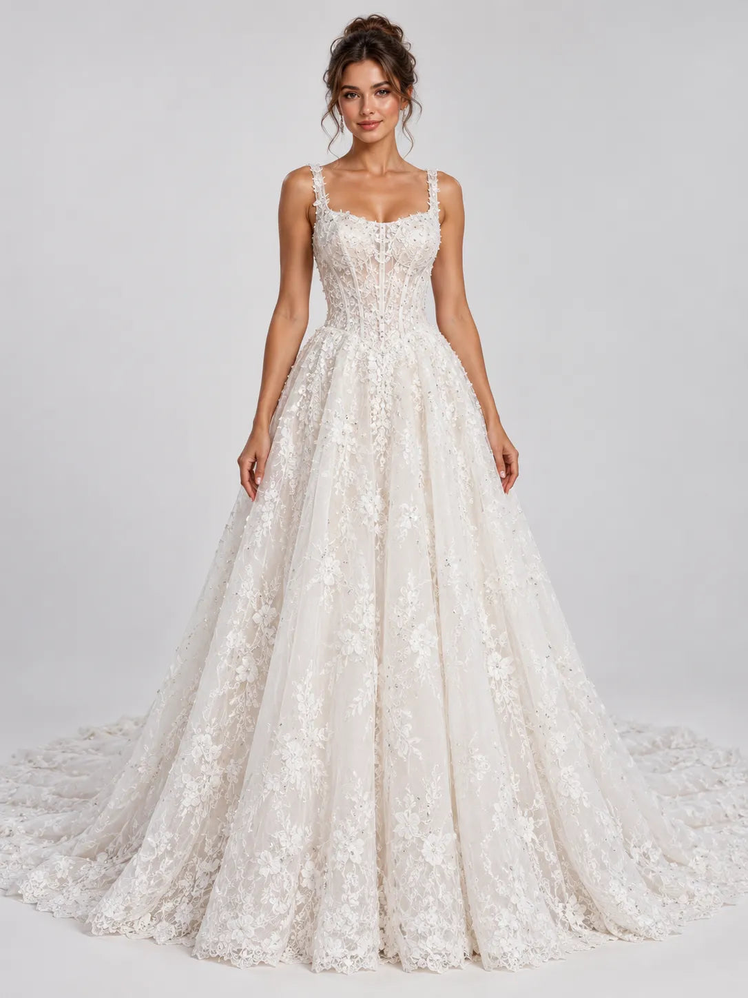 Square Neckline Beaded Lace Applique Ball Gown Wedding Dress