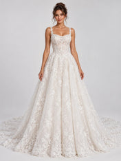 Square Neckline Beaded Lace Applique Ball Gown Wedding Dress