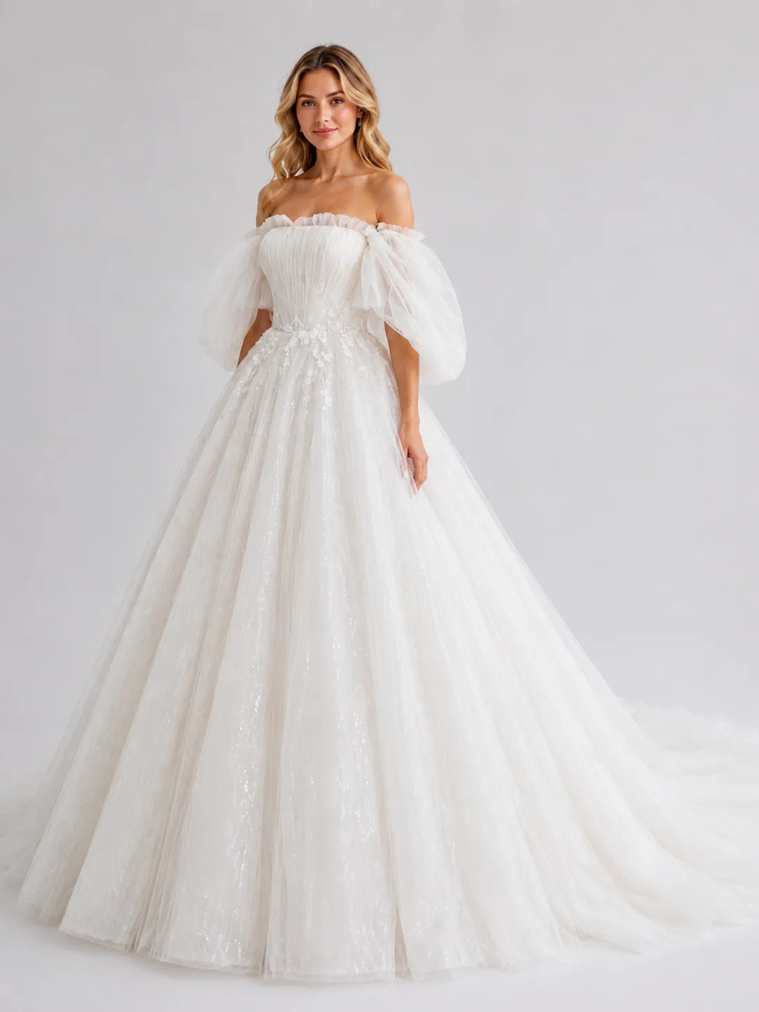 Romantic Off-the-Shoulder Puff Sleeve Glitter Tulle Ball Gown Wedding Dress with Floral Appliqué and Chapel Train