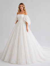 Romantic Off-the-Shoulder Puff Sleeve Glitter Tulle Ball Gown Wedding Dress with Floral Appliqué and Chapel Train