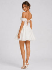 Elegant Off-Shoulder Lace Mini Wedding Dress with Floral Appliqués, Lace-Up Back and Tulle Skirt