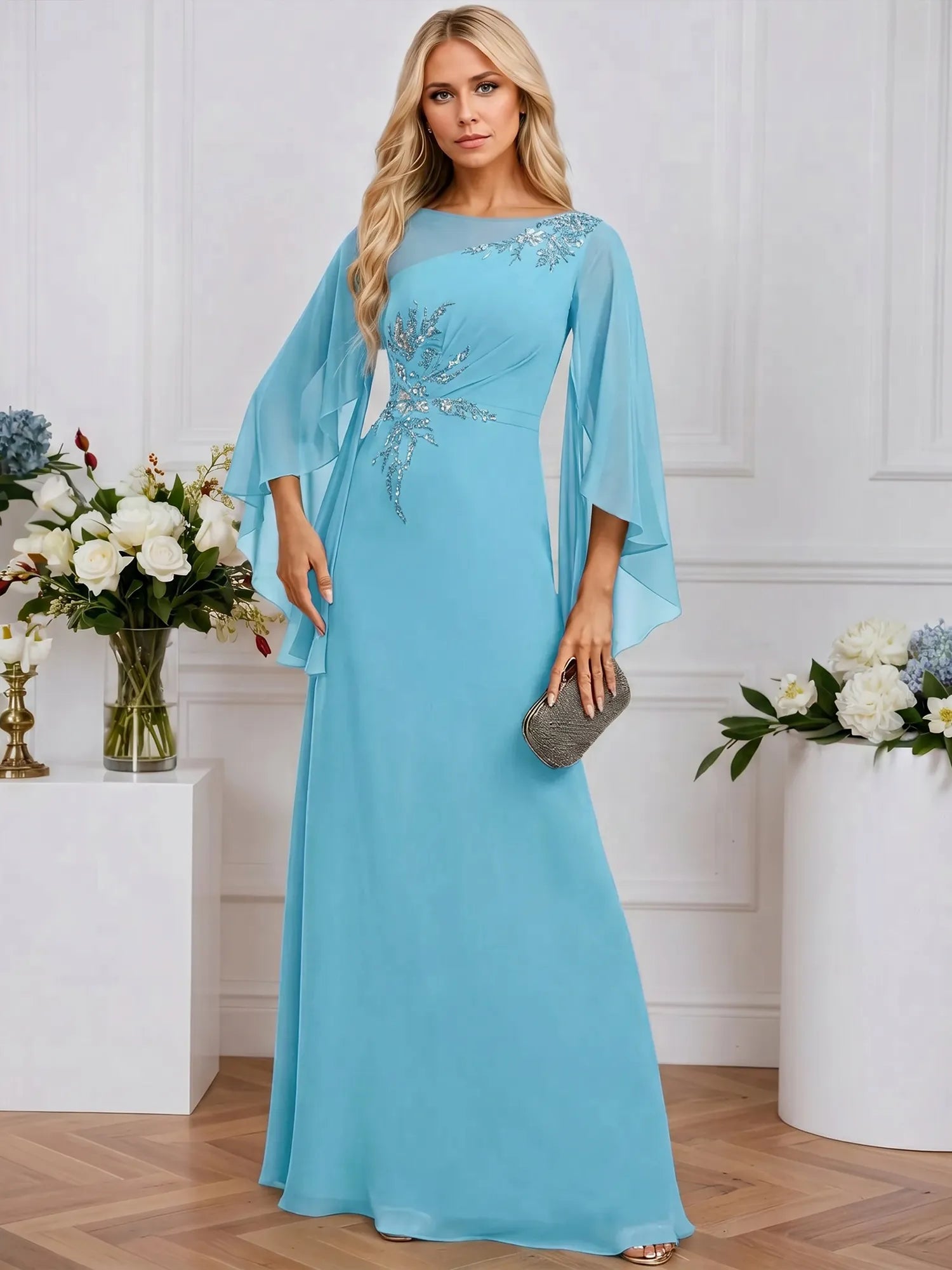 A-line Boat Neck Illusion Floor-Length Chiffon Evening Dress With Sequins Appliques Lace Pleated