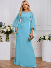 A-line Boat Neck Illusion Floor-Length Chiffon Evening Dress With Sequins Appliques Lace Pleated