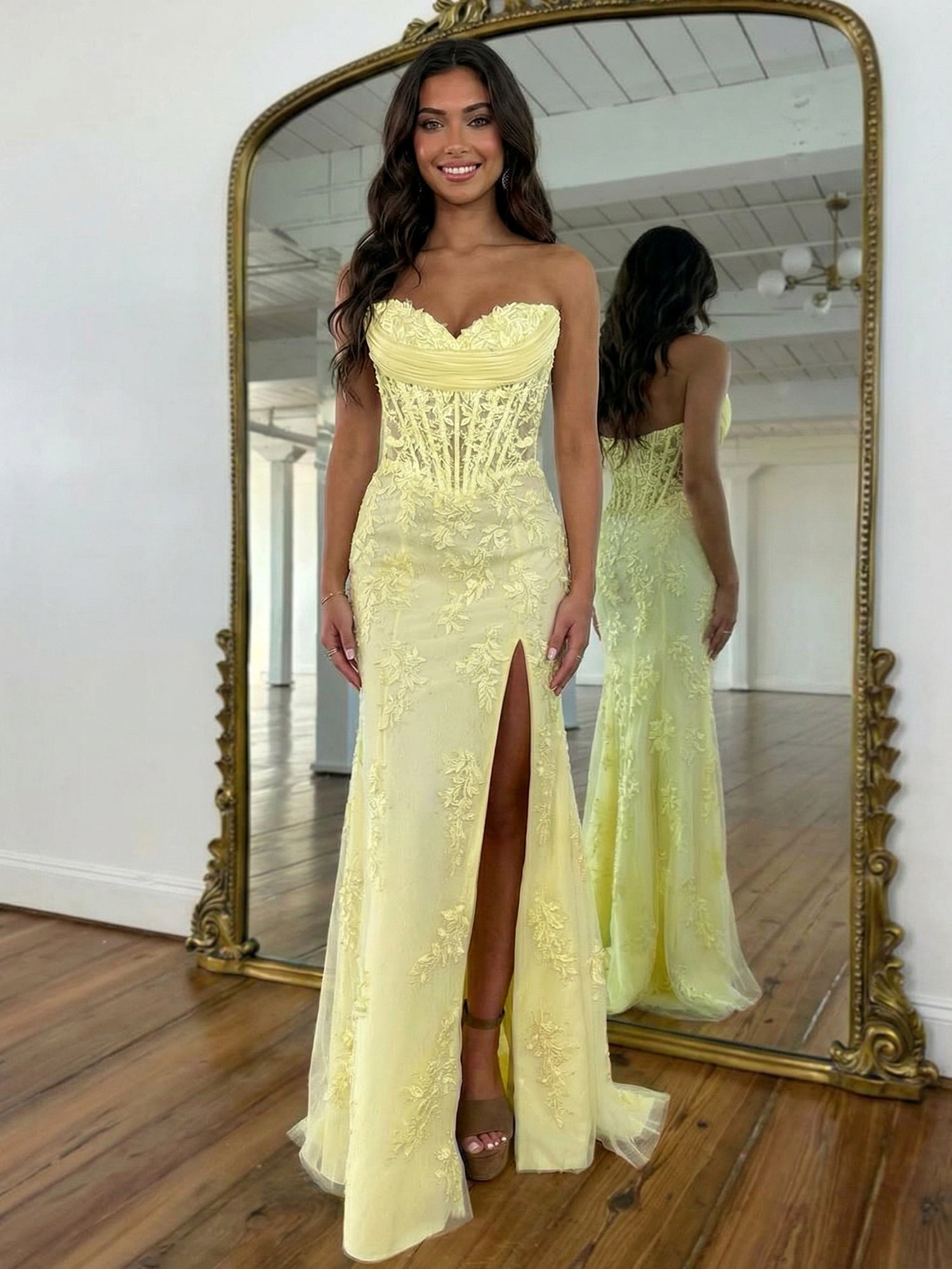 Strapless Corset Lace Floral Prom Dress with Thigh-High Slit