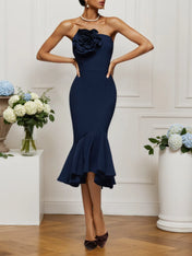 Dark Blue 3D Floral Strapless Mermaid Midi Dress
