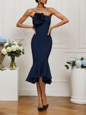 Dark Blue 3D Floral Strapless Mermaid Midi Dress