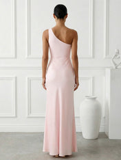 Pink One Shoulder Mermaid Maxi Dresses with Slit