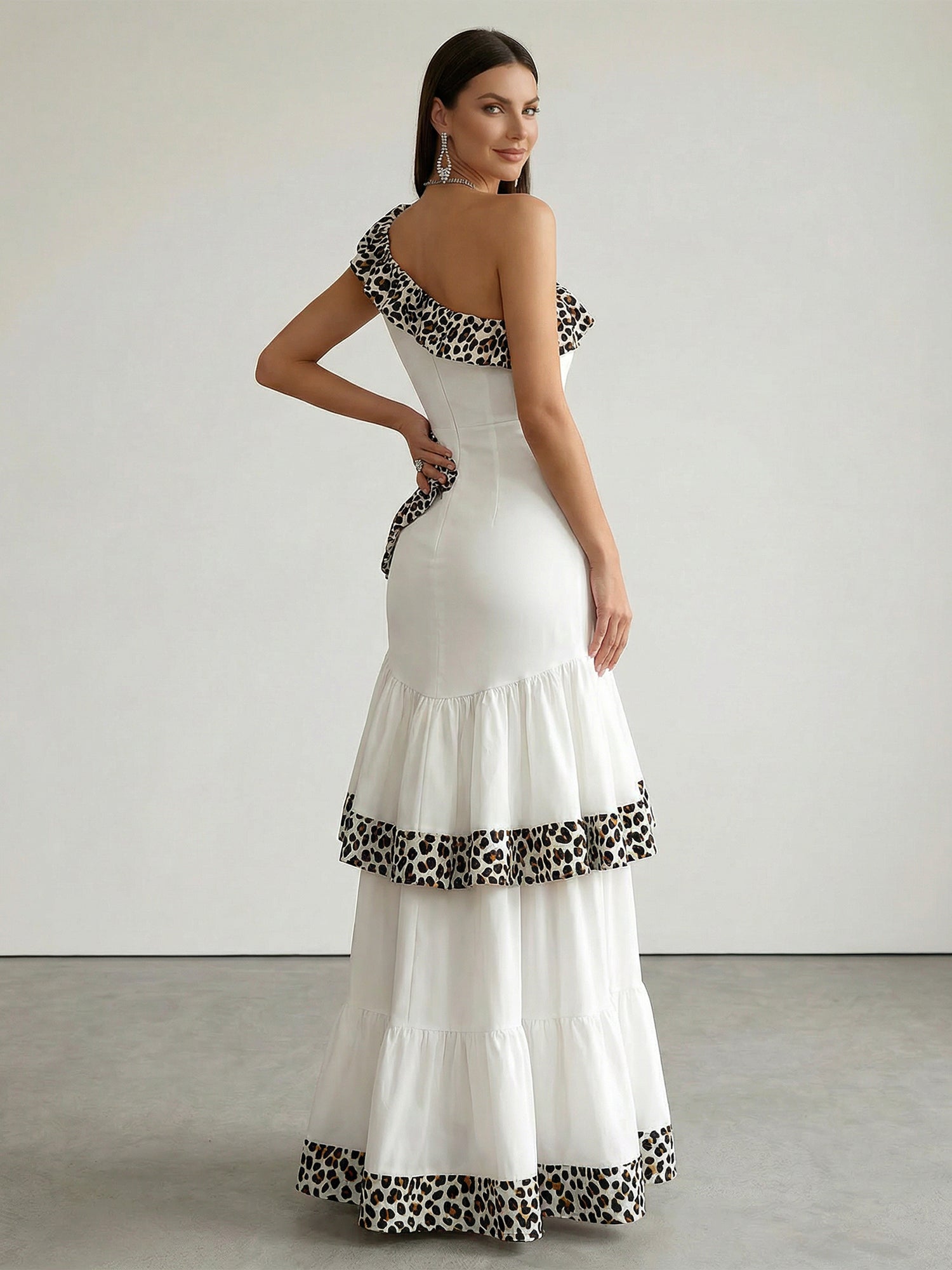 White Leopard Trim One-Shoulder Tiered Ruffle Maxi Dress