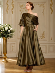 A-line Short Sleeves Pleated Ankle-Length Silk like Satin Mother of the Bride Dress