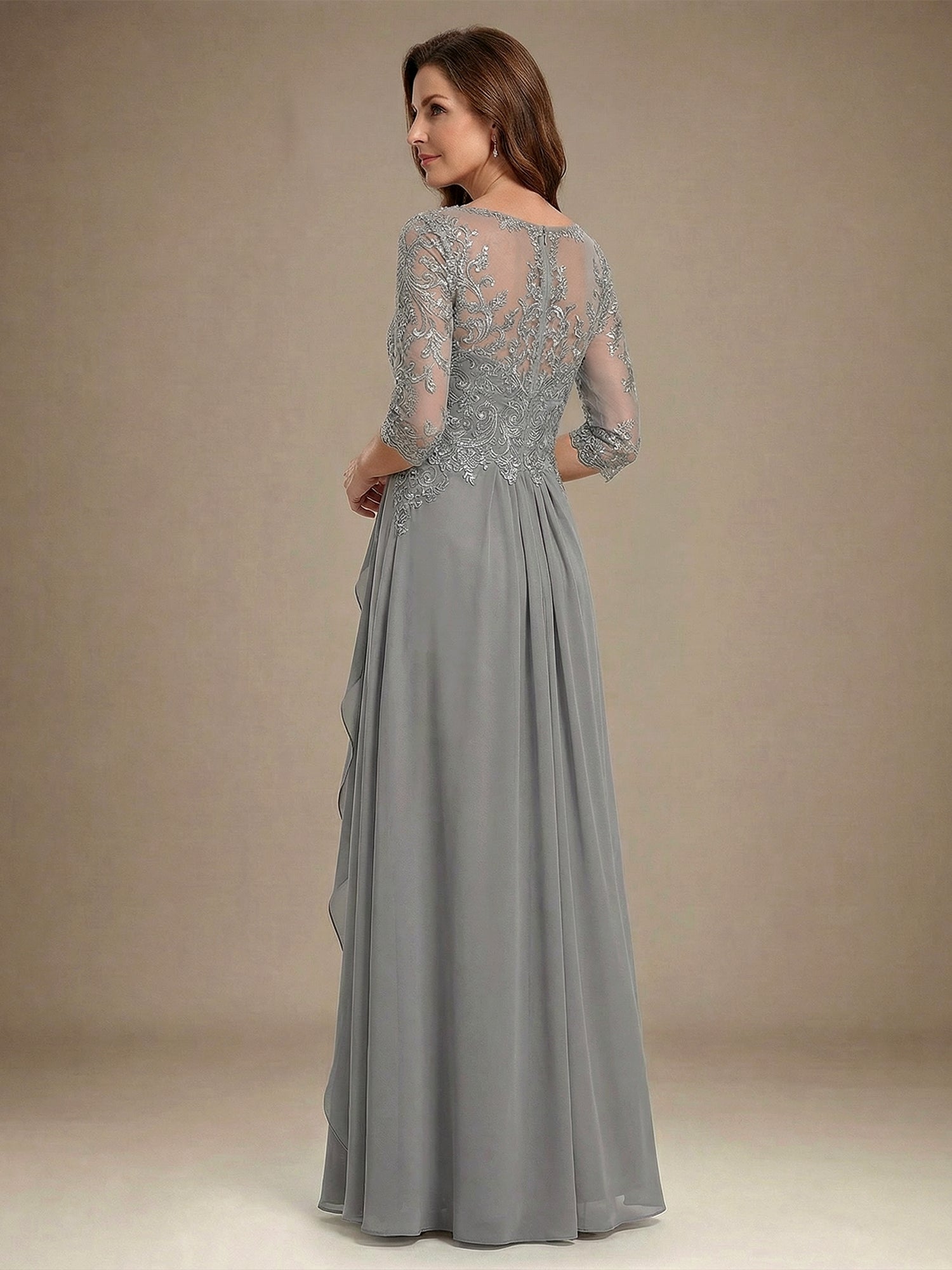 A-line Scoop Illusion Floor-Length Chiffon Lace Mother of the Bride Dress With Beading Sequins Cascading Ruffles