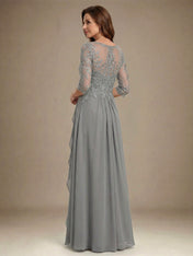A-line Scoop Illusion Floor-Length Chiffon Lace Mother of the Bride Dress With Beading Sequins Cascading Ruffles