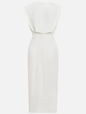 Off White Button Slit Crew Neck Sheath Midi Dress