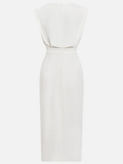 Off White Button Slit Crew Neck Sheath Midi Dress