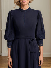 A-line High Neck Tea-Length Lace Chiffon Mother of the Bride Dress With Bow