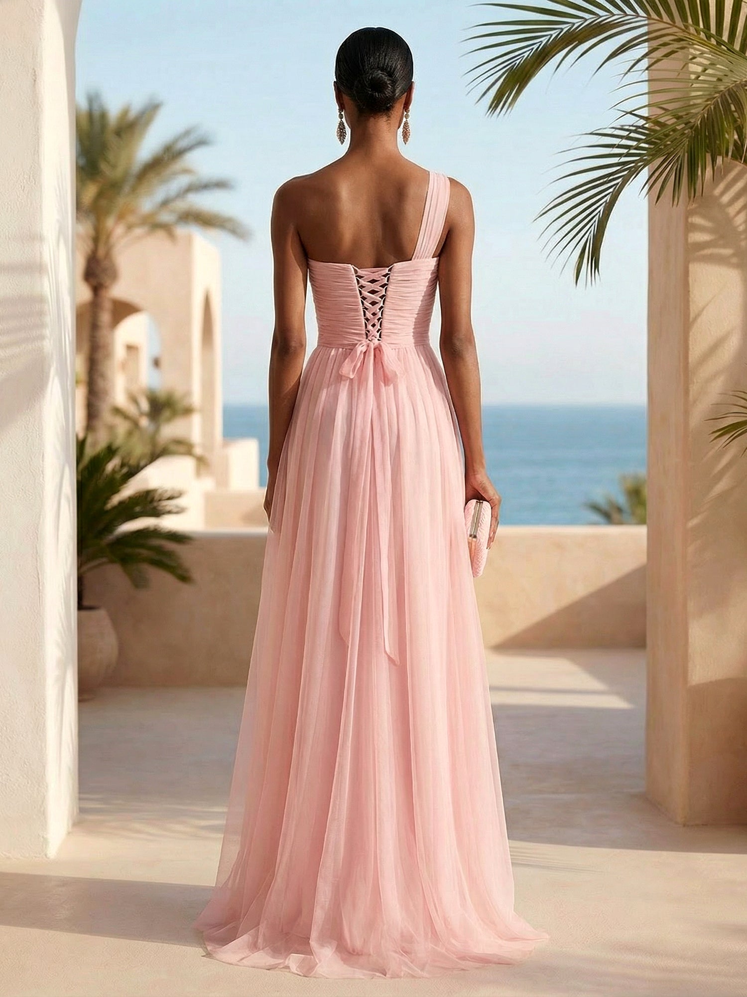 Pink One Shoulder A Line Pleat Maxi Dresses with Slit