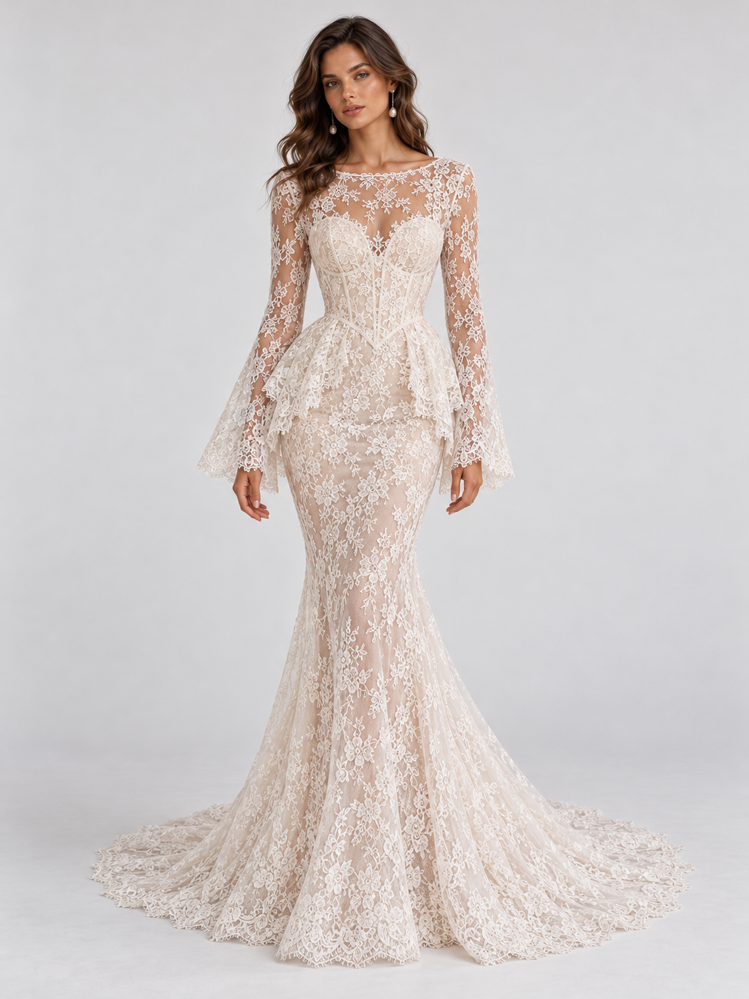 High-Neck Long-Sleeve Lace Mermaid Wedding Dress with Peplum