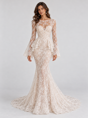 High-Neck Long-Sleeve Lace Mermaid Wedding Dress with Peplum