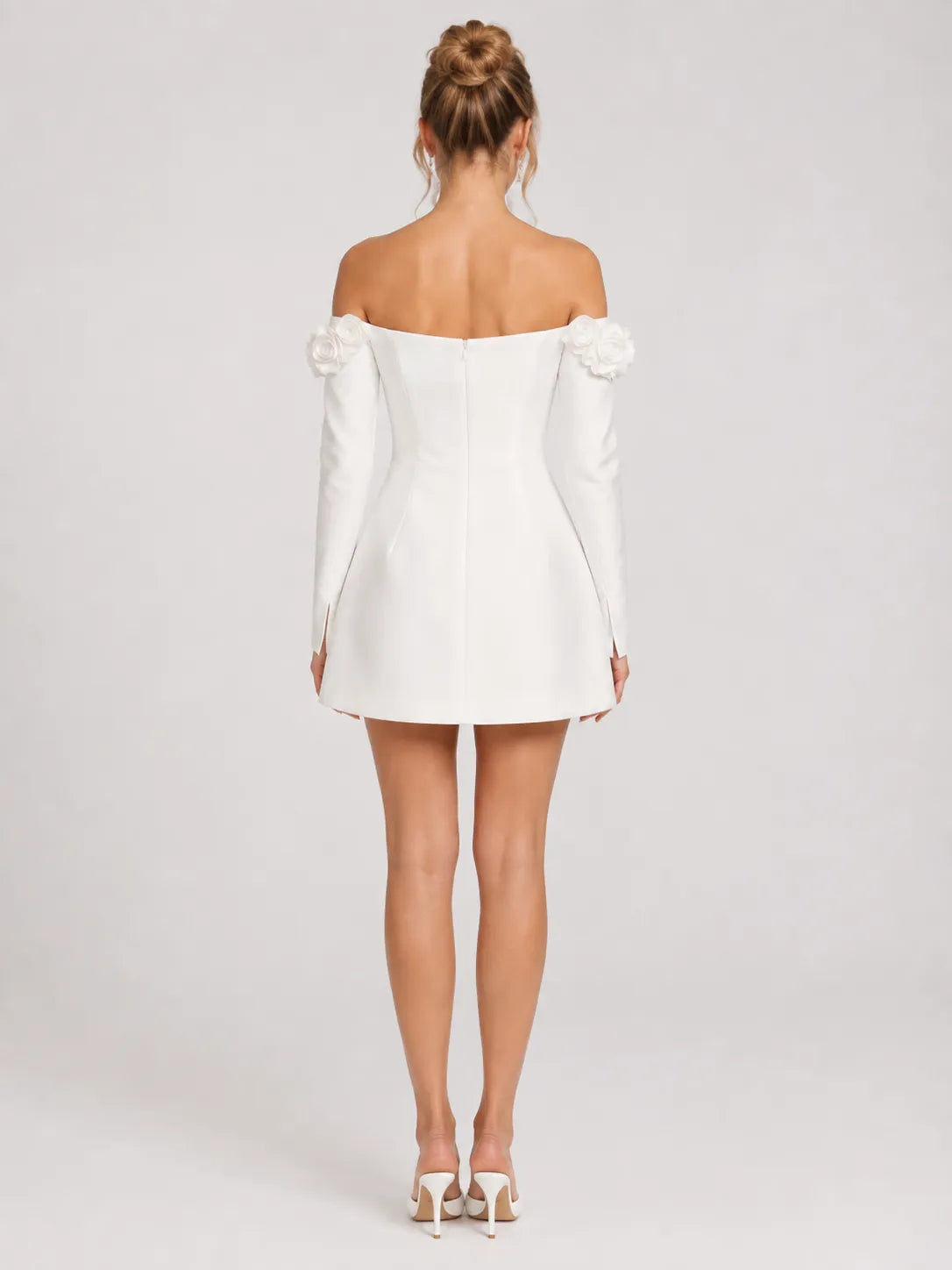 Off-the-Shoulder 3D Floral Long Sleeve A-Line Mini Wedding Dress