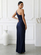Navy Blue One Shoulder Mermaid Maxi Dress with Slit
