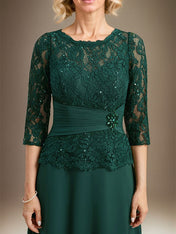 A-line Scoop Illusion Floor-Length Chiffon Lace Mother of the Bride Dress With Pleated Sequins Beading