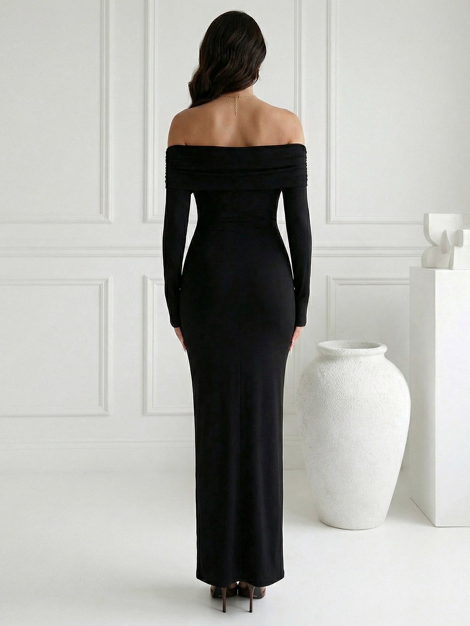 Black Long Sleeves Strapless Mermaid Satin Maxi Dress