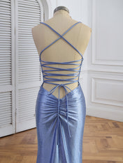 Blue Mermaid Spaghetti Straps V-Neck Rhinestone Prom Dress
