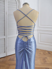 Blue Mermaid Spaghetti Straps V-Neck Rhinestone Long Prom Dress