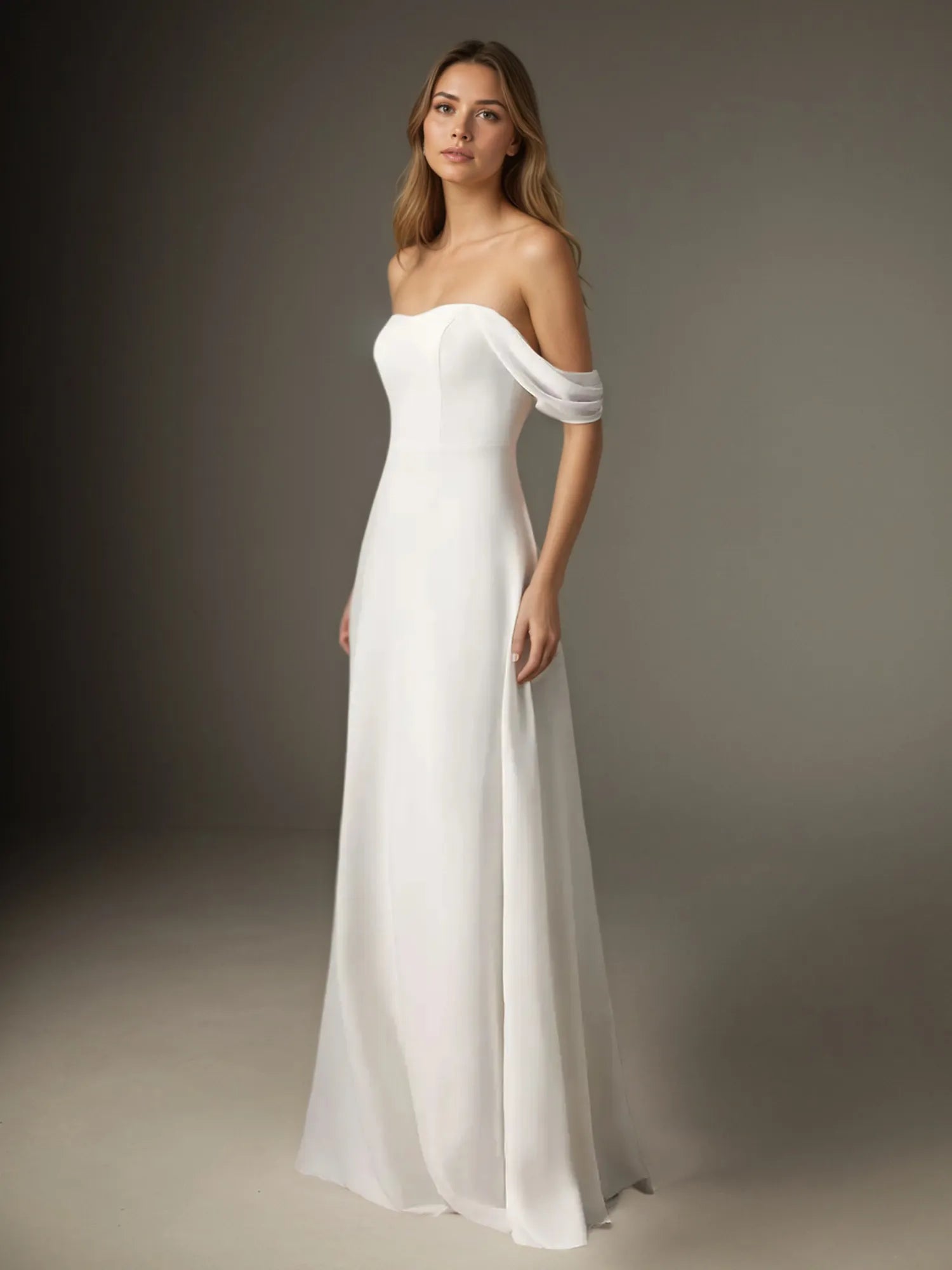 White A-Line Off the Shoulder Stretch Chiffon Wedding Dress