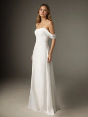 White A-Line Off the Shoulder Stretch Chiffon Wedding Dress