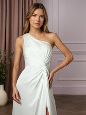White A-Line One Shoulder Stretch Satin Wedding Dress