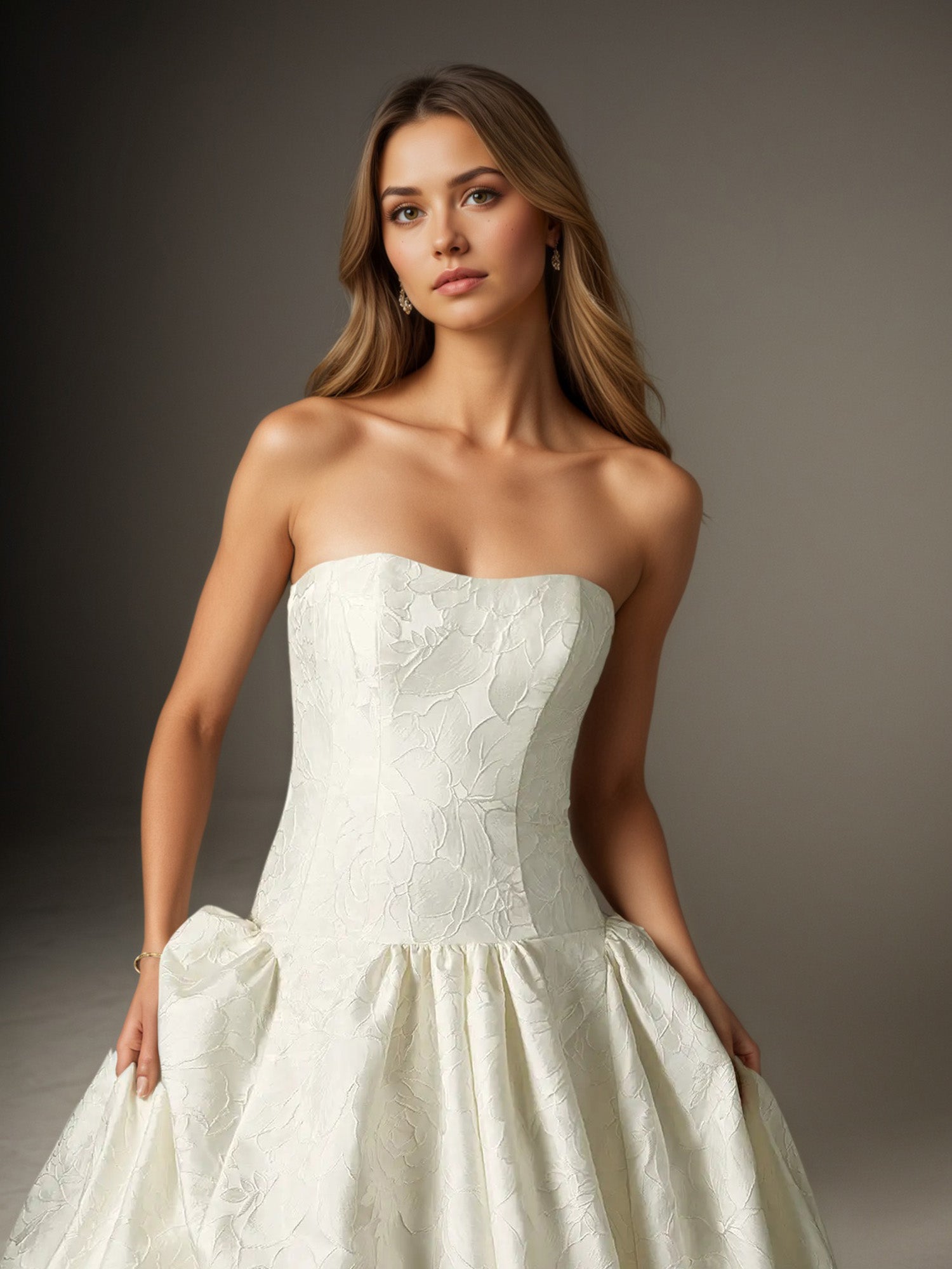 White Ball-Gown Strapless Floral Jacquard Wedding Dress