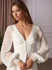 White A-Line V-Neck Lace Chiffon Pleated Wedding Dress