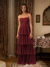 Burgundy A-Line Sweetheart Floor Length Tiered Chiffon Bridesmaid Dress