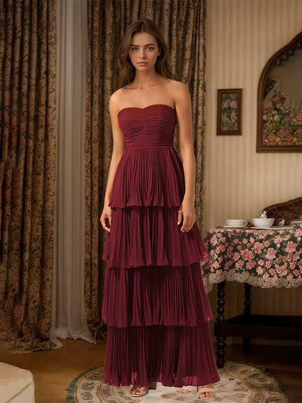 Burgundy A-Line Sweetheart Floor Length Tiered Chiffon Bridesmaid Dress