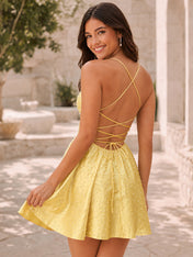 Light Blue V-Neck Pearl Beaded Lace-Up A-Line Short Homecoming Dress